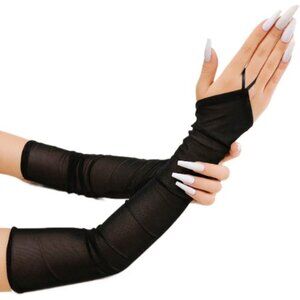 Women's Fingerless Black Tulle Mesh Long Gloves Wedding Party Halloween Costume